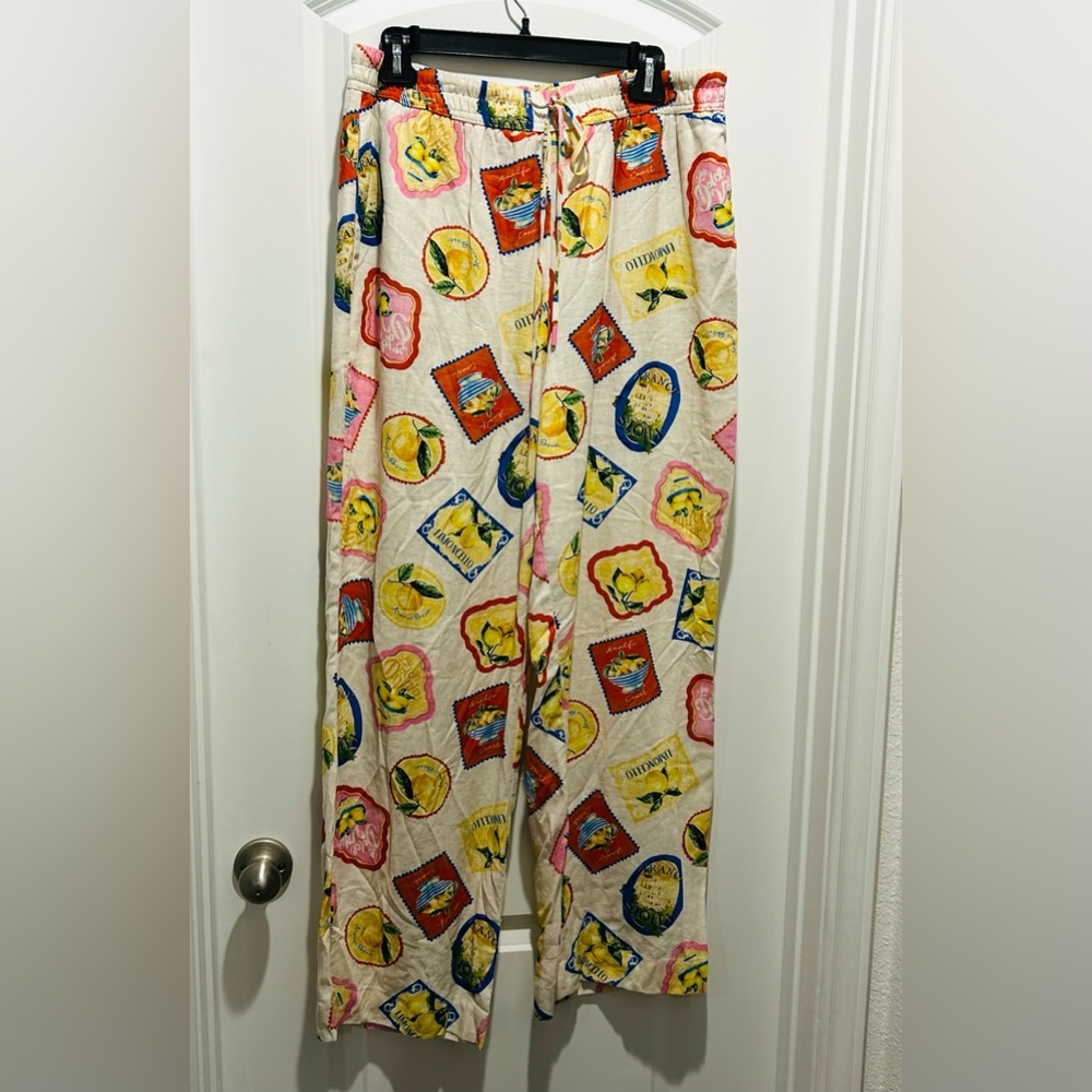 Joie Linen Blend Lemon Fruit Print Pajama Drawstring Pants Sz Large